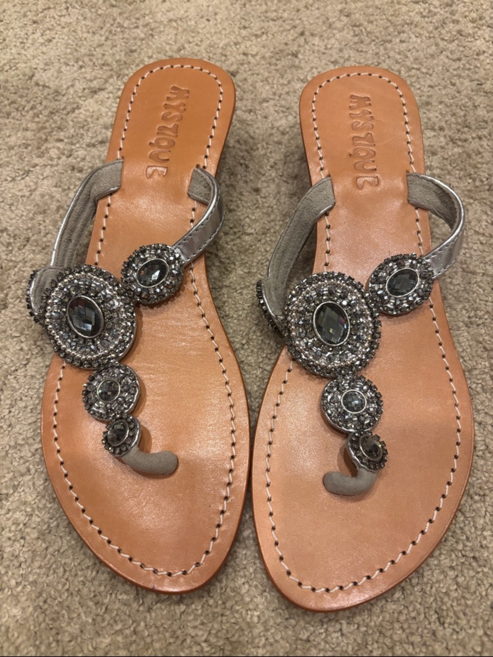 New Embellished Mystique Silver Leather Toe-Post Sandals